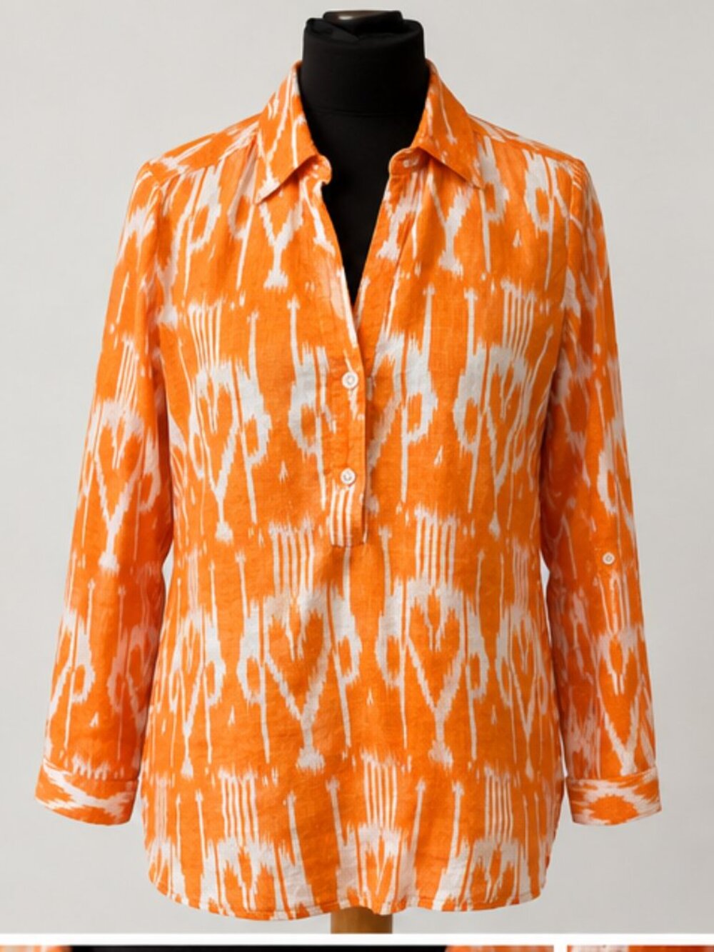 Elliott Lauren Womens C (42 in Bust) Orange White Linen Roll-Tab Sleeve Popover